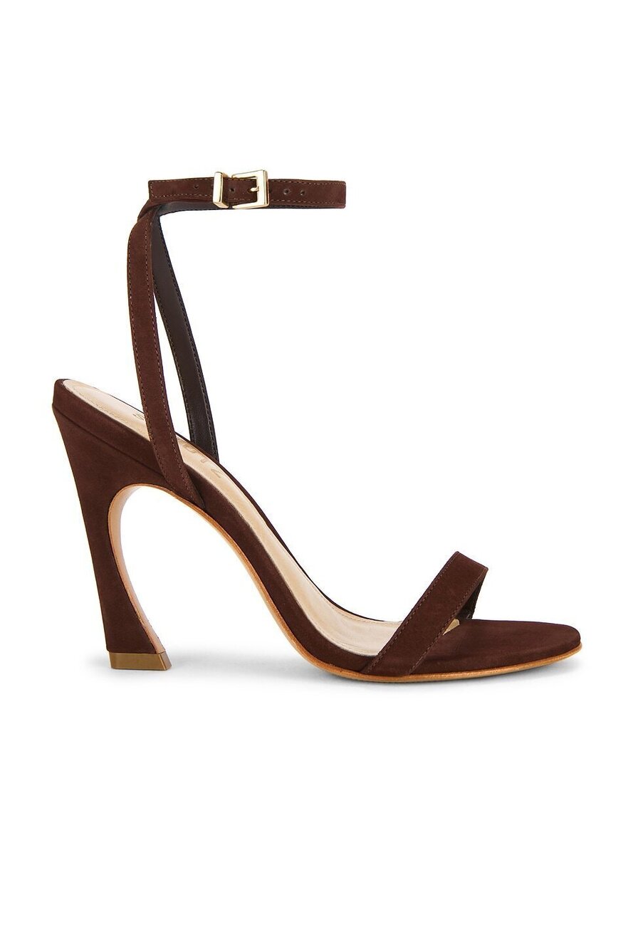 Schutz Cadey-Lee Curve Lace Sandal in Chestnut Brown suede high heel ankle strap